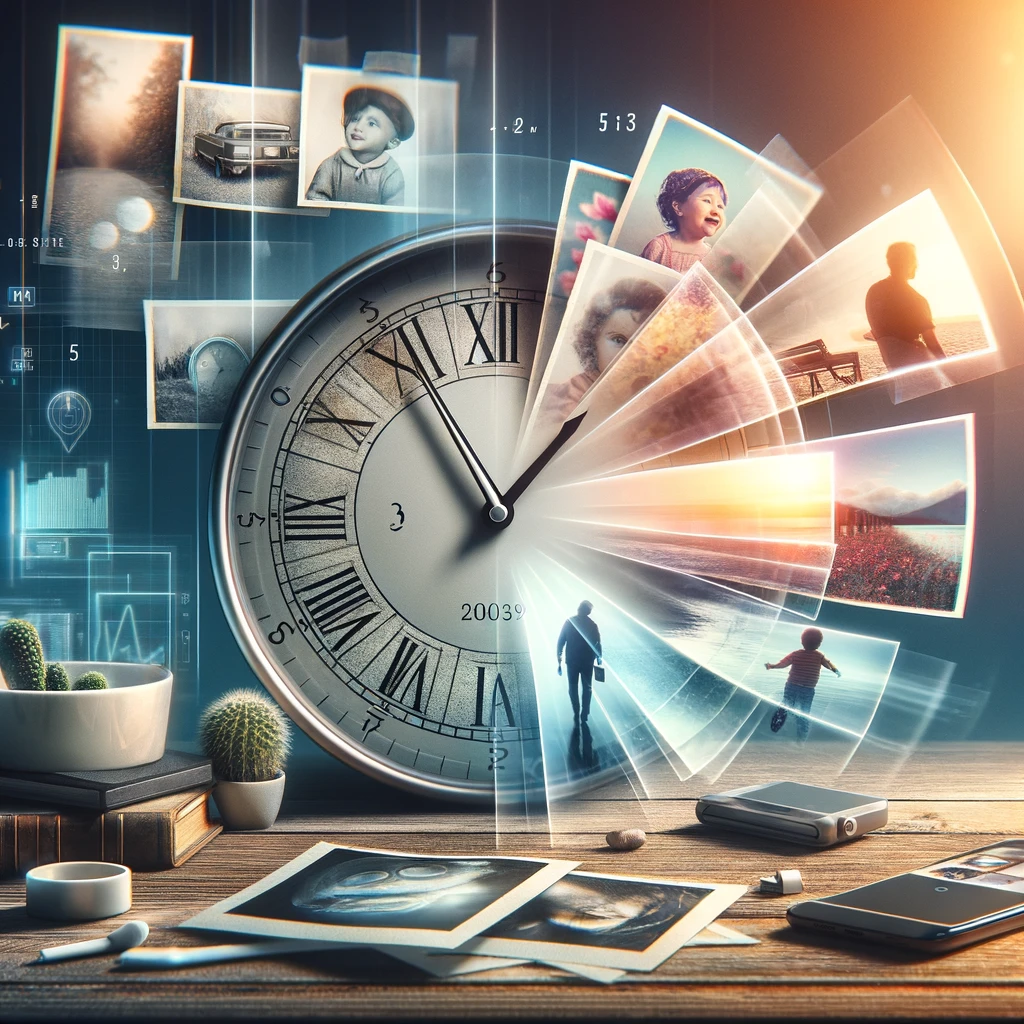 Clock and memory collage representing time, memory, and survivor testimony